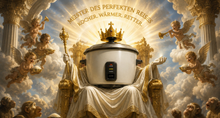 Illustration eines Reiskochers mit Krone auf einem goldenen Thron, umgeben von Engeln und Lichtstrahlen. Darüber steht der Schriftzug: „Meister des perfekten Reises. Kocher. Wärmer. Retter.“