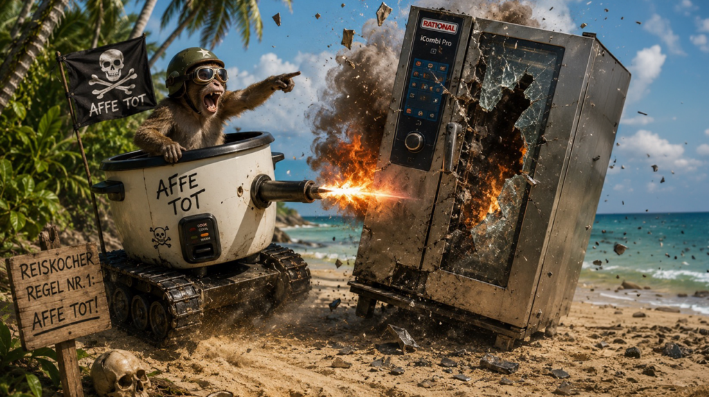 Ein humorvolles Composing zeigt einen Affen mit Helm und Schutzbrille, der aus einem bewaffneten Reiskocher auf Kettenfahrwerk heraus auf einen Industrie-Kombidämpfer schießt. Der Ofen explodiert, Glas splittert und Flammen schlagen aus dem Gerät. Im Hintergrund sind ein tropischer Strand, Palmen und das Meer zu sehen. Eine Piratenflagge sowie Schilder mit der Aufschrift „Affe tot“ und „Reiskocher Regel Nr. 1: Affe tot!“ unterstreichen den satirischen Charakter der Szene.